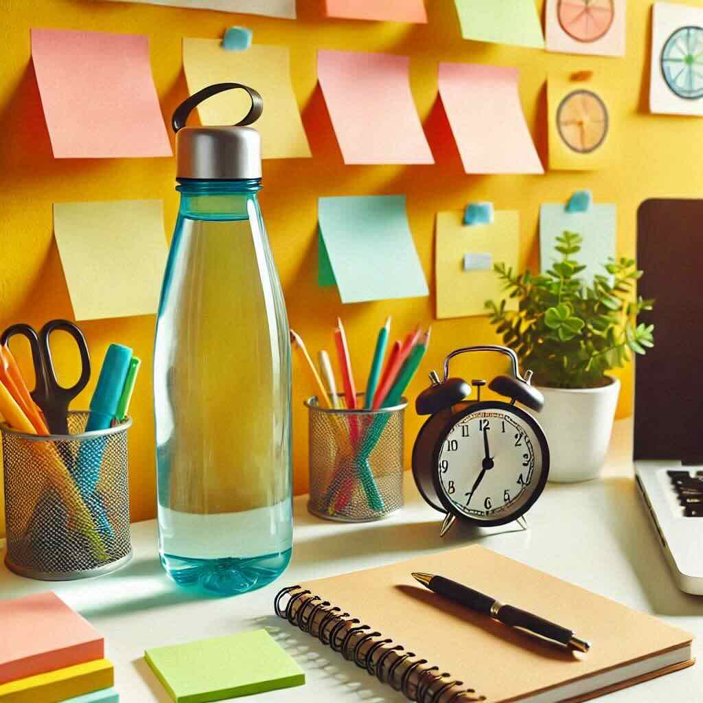 A-desk-with-a-reusable-water-bottle-prominently-placed-on-it-along-with-sticky-notes-and-reminders.-Bright-cheerful-colors-like-yellow-and-orange-organized-setting