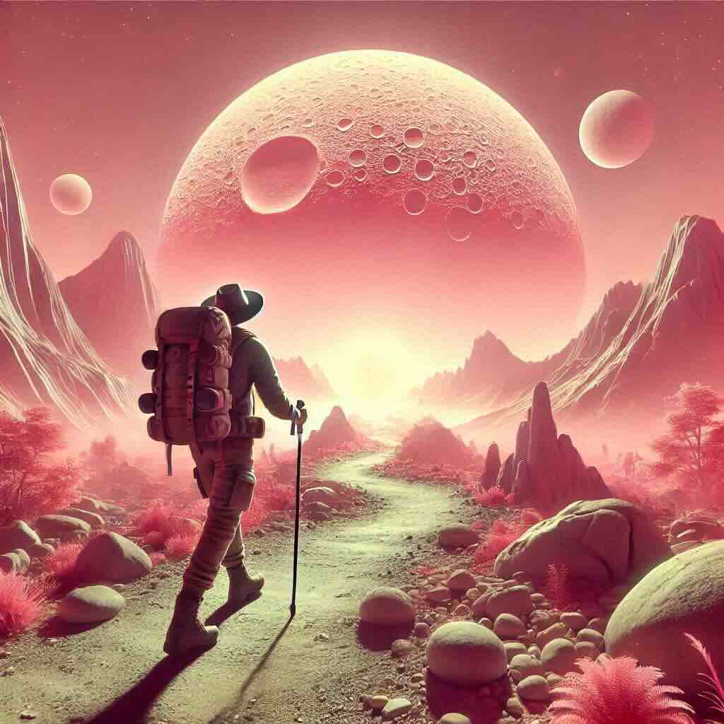A-person-hiking-on-a-rocky-path-in-a-surreal-pink-hued-landscape-equipped-with-a-hat-backpack-and-walking-sticks-with-a-large-sun-or-moon-in-the-background-brieflur.com
