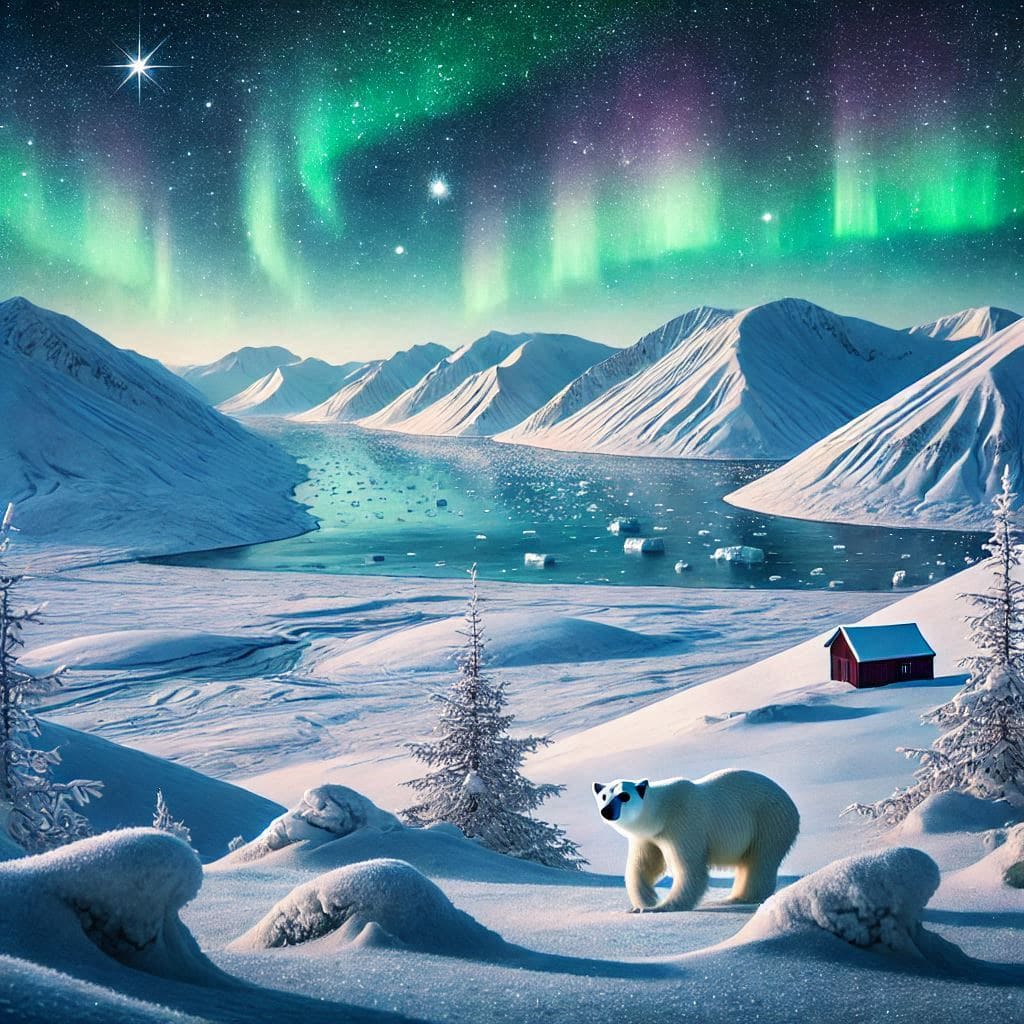 A-snow-covered-landscape-with-a-polar-bear-Northern-Lights-and-glaciers-in-Svalbard-Norway