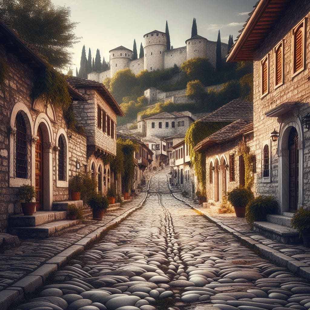 Cobblestone-streets-and-Ottoman-era-stone-houses-leading-up-to-Gjirokaster-Castle-illustrating-the-historical-richness-and-architectural-beauty-of-the-City-of-Stone