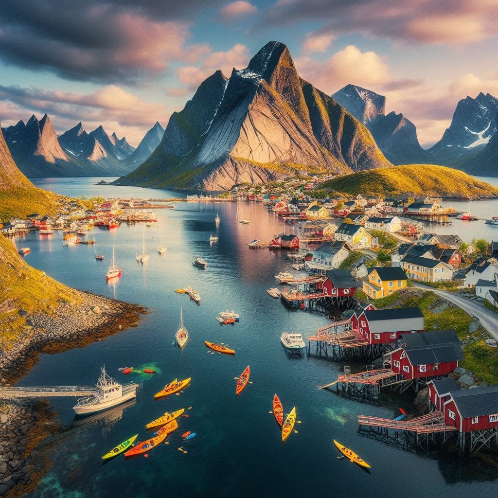 Dramatic-peaks-rising-from-the-sea-colorful-fishing-villages-and-kayaks-in-the-water-in-the-Lofoten-Islands-Norway