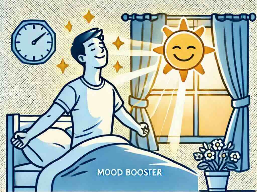 Mood-Booster_-An-image-of-a-person-waking-up-refreshed-and-happy-with-a-bright-morning-light-coming-through-a-window.-Icons_-Smiling-faces-or-sunshine