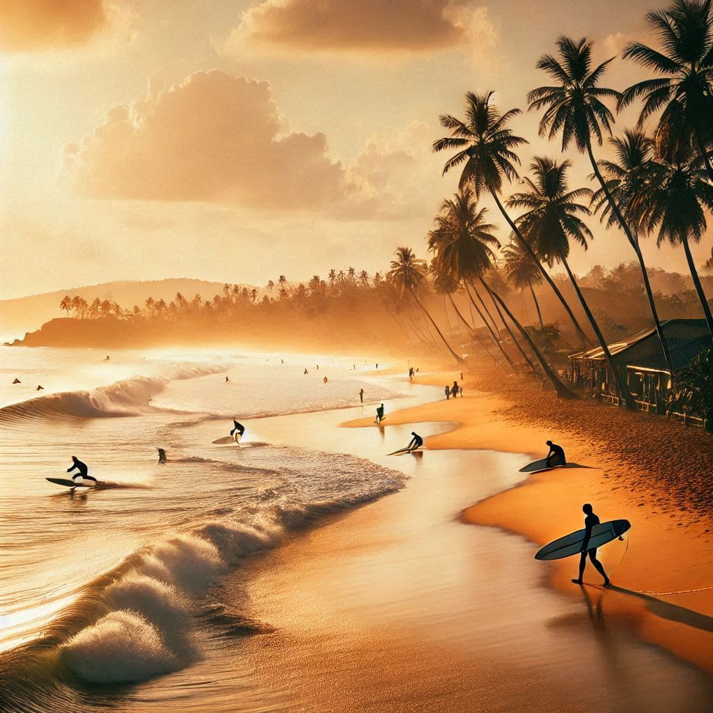 Surfers-catching-waves-on-a-golden-beach-with-palm-trees-and-a-laid-back-vibe-in-Arugam-Bay-Sri-Lanka