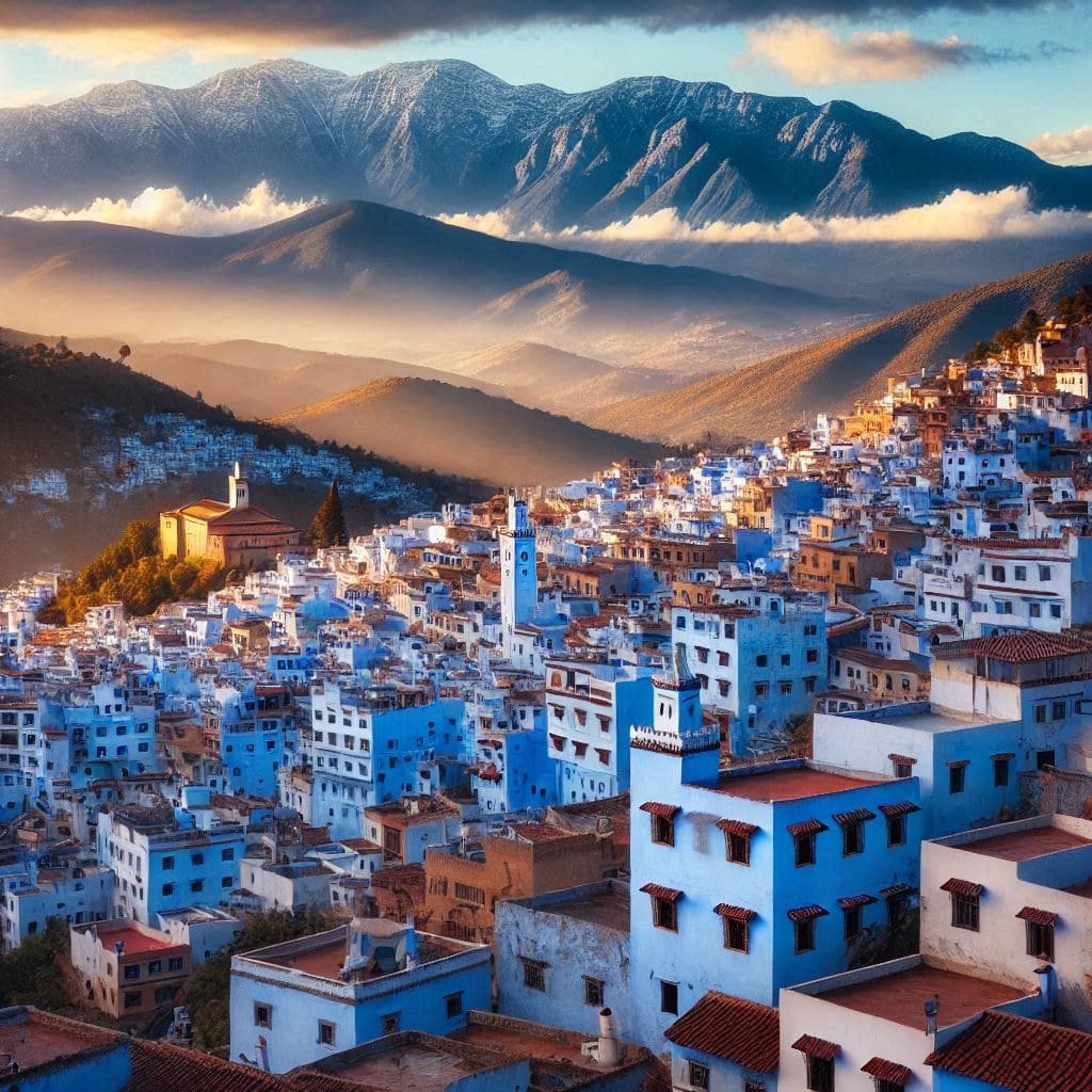 The-iconic-blue-washed-buildings-of-Chefchaouen-with-the-Rif-Mountains-in-the-background